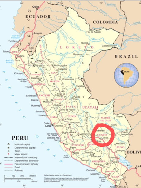 Kaart van Peru, met in de rode cirkel Cusco